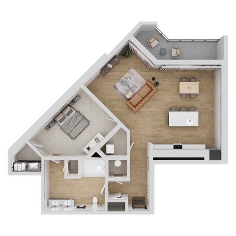 A top-down view of a house layout with a kitchen, living room, and bathroom.